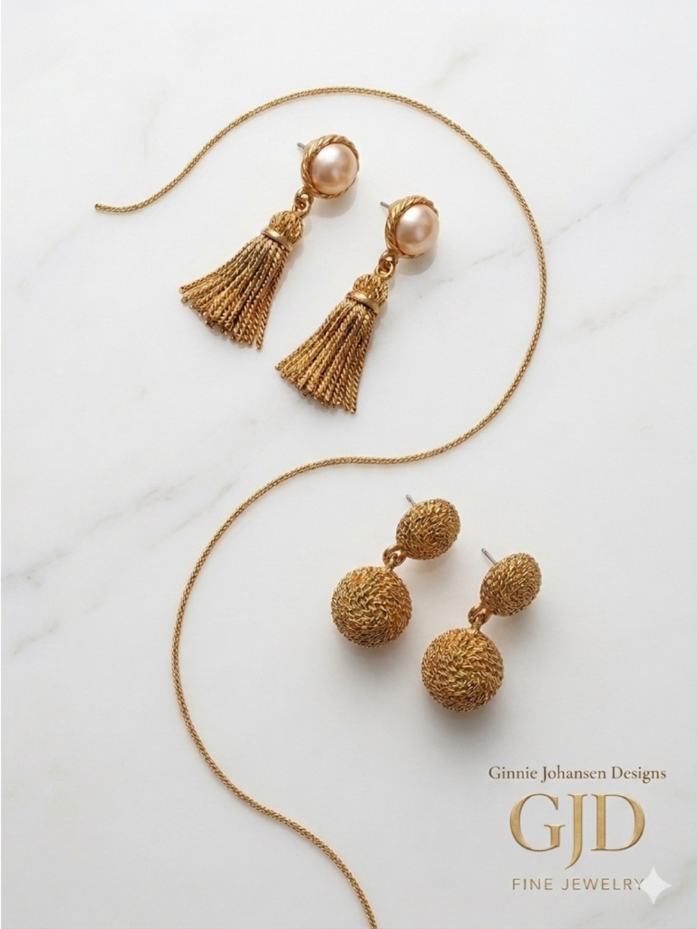 80s Ginnie Johansen GJD Earring Lot (2) Pearl Tassel Gold Knot
